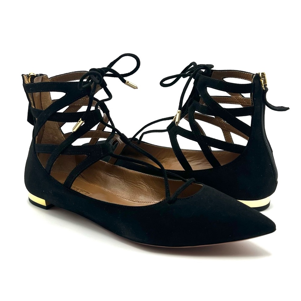 Aquazzura Lace-Up Pointed Toe Flats Black Suede Size 36